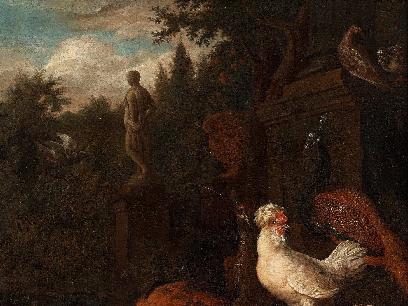 CÍRCULO DE MELCHIOR HONDECOETER (1636–1695) Galinhas no jardim, óleo sobre tela, dim. aprox.: 62 x 54 cm