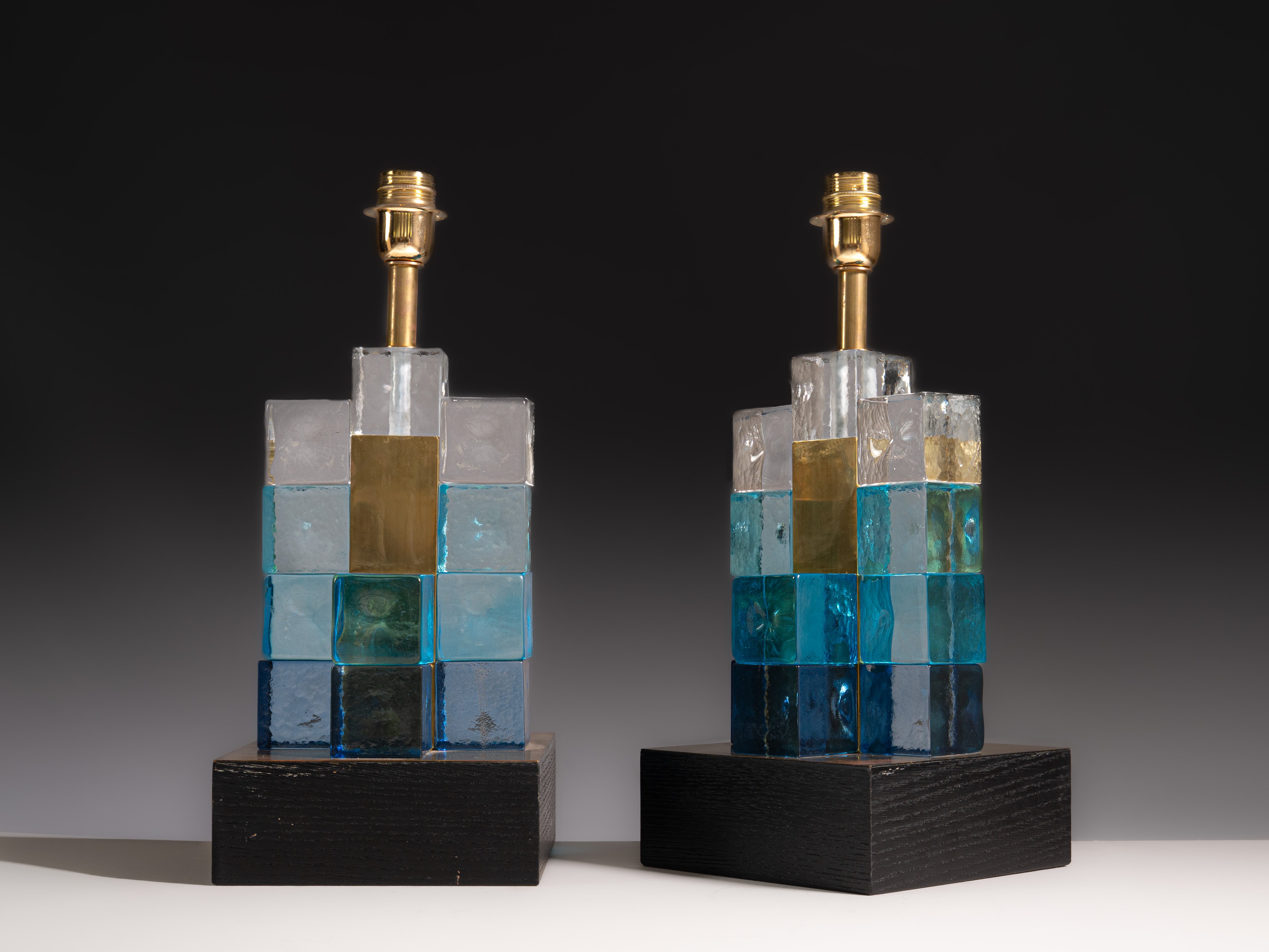 Pair of brass lamps decorated with Murano glass. Italy, 1950s/1960s