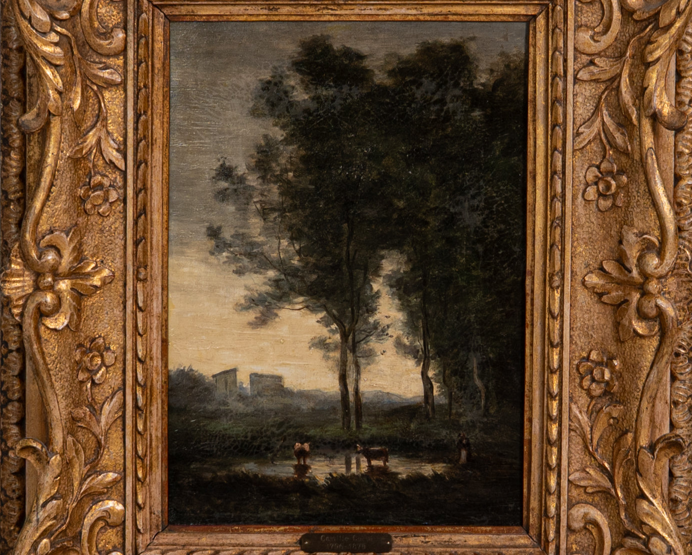 Escola de Jean-Baptiste Camille Corot (1796-1875) Vista de campo com lago, vacas e figura Óleo sobre tela Não assinado Dim. aprox.: 37 x 26 cm