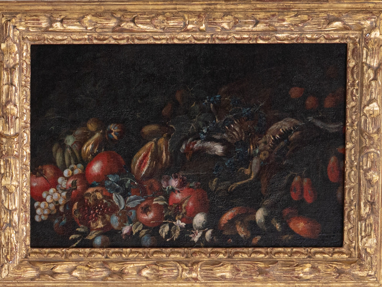 À maneira de Giovanni Battista Ruoppolo (1629–1693) Par de naturezas-mortas com frutos, vegetais, objectos e ave, Óleo sobre tela, Itália, século XVII