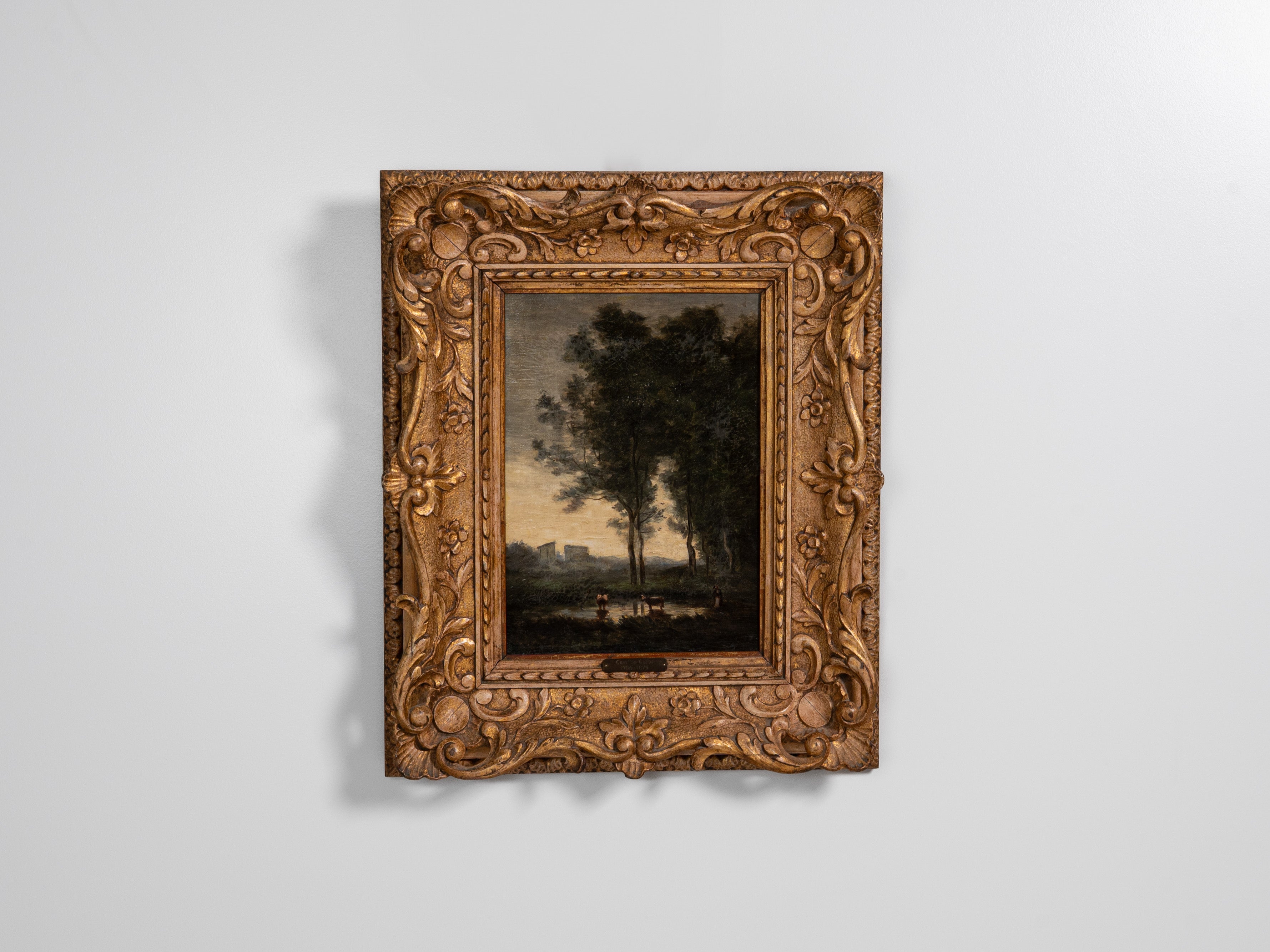 Escola de Jean-Baptiste Camille Corot (1796-1875) Vista de campo com lago, vacas e figura Óleo sobre tela Não assinado Dim. aprox.: 37 x 26 cm