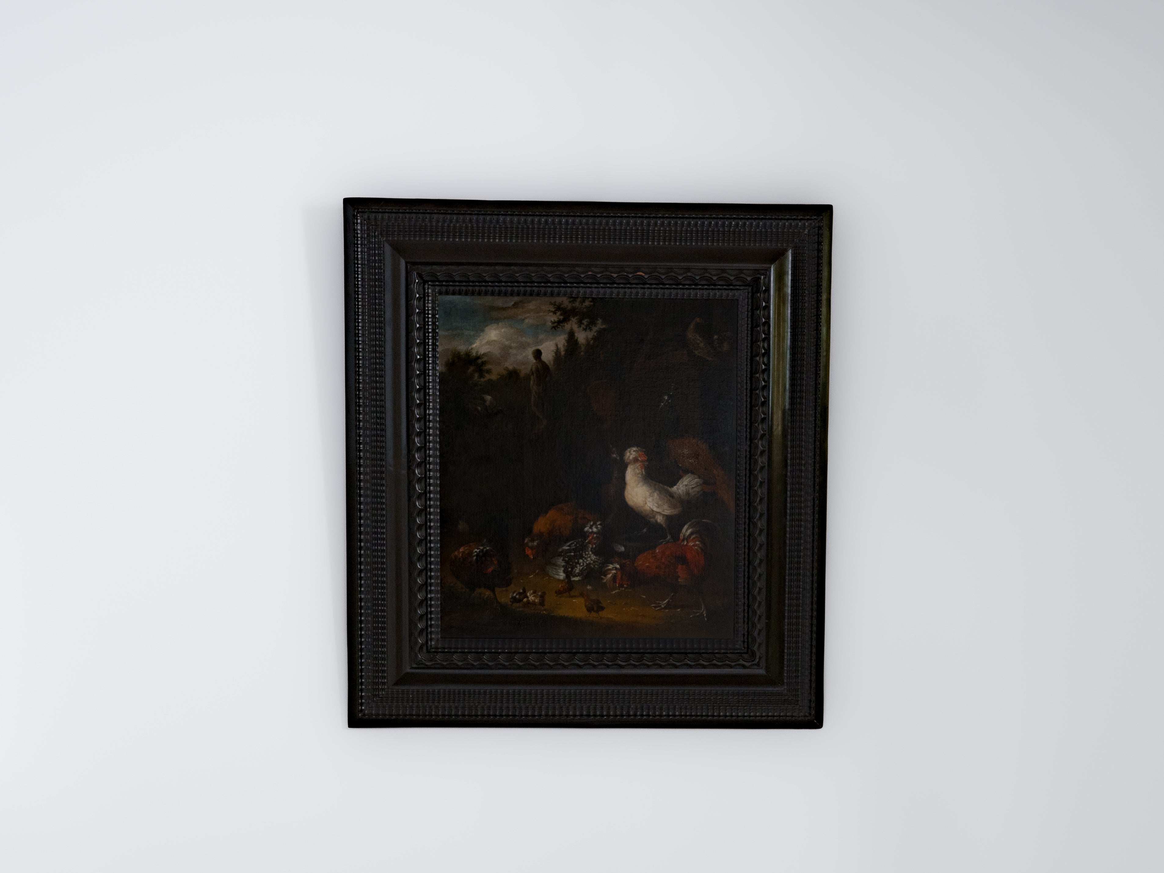 CÍRCULO DE MELCHIOR HONDECOETER (1636–1695) Galinhas no jardim, óleo sobre tela, dim. aprox.: 62 x 54 cm