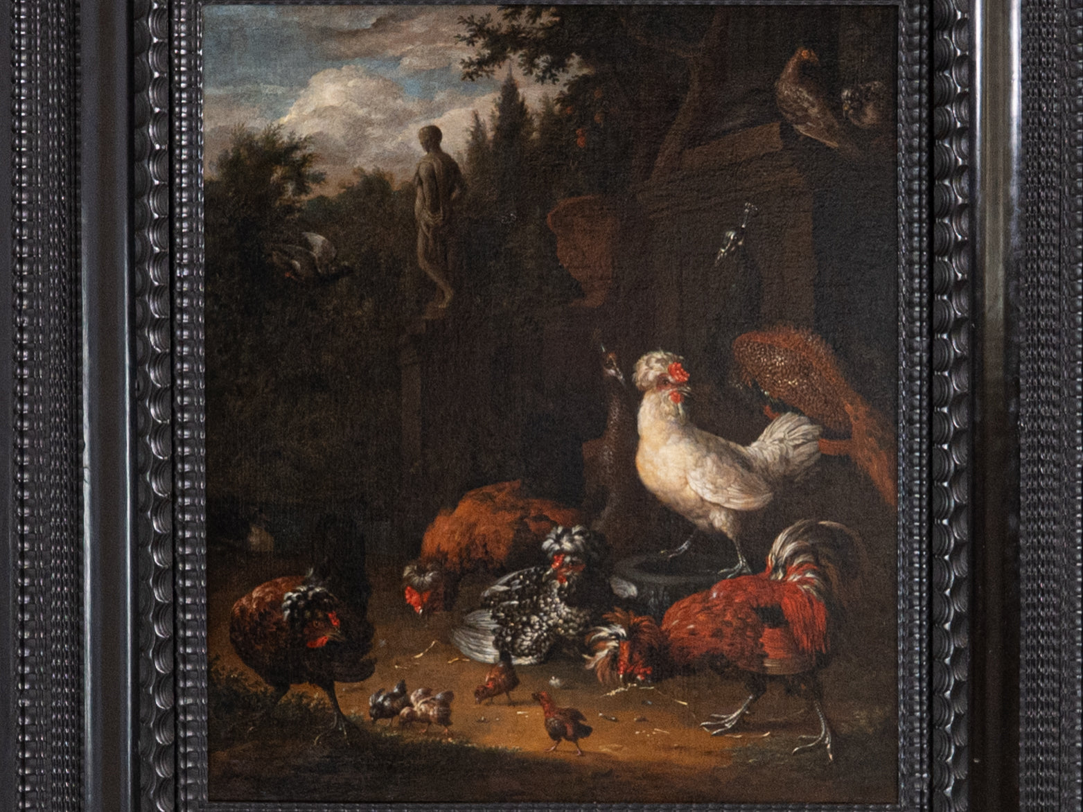 CÍRCULO DE MELCHIOR HONDECOETER (1636–1695) Galinhas no jardim, óleo sobre tela, dim. aprox.: 62 x 54 cm